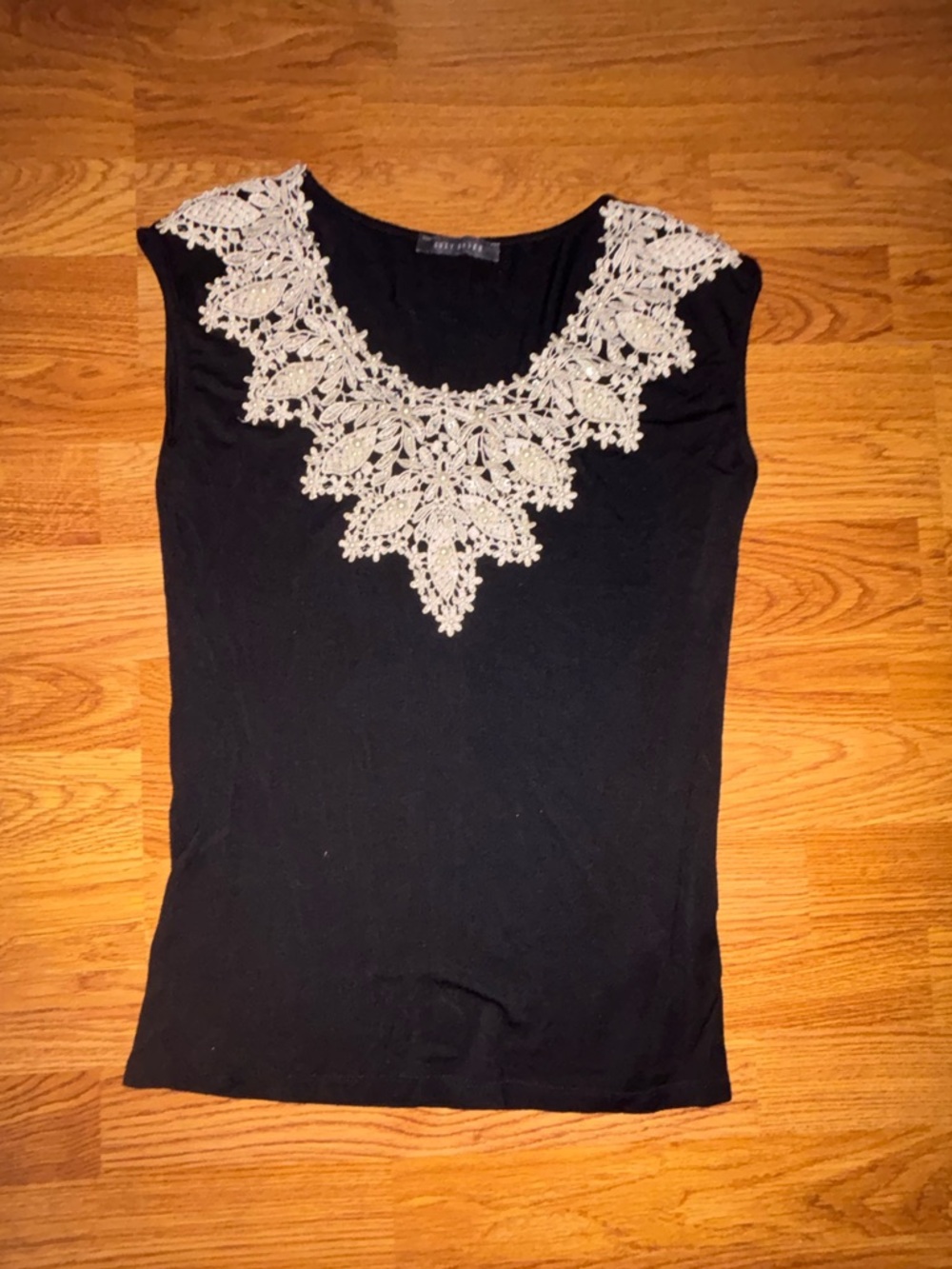 Suzy Shier Black Sleeveless Tank with White Lace Yoke
